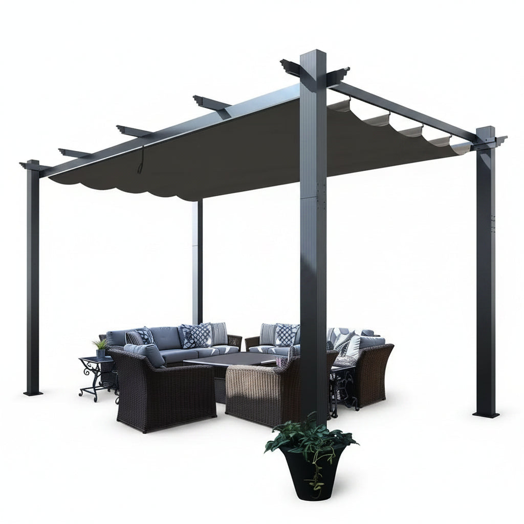 16 Ft. W X 12 Ft. D Aluminum Pergola Outdoor with Dark Gray Retractable Canopy