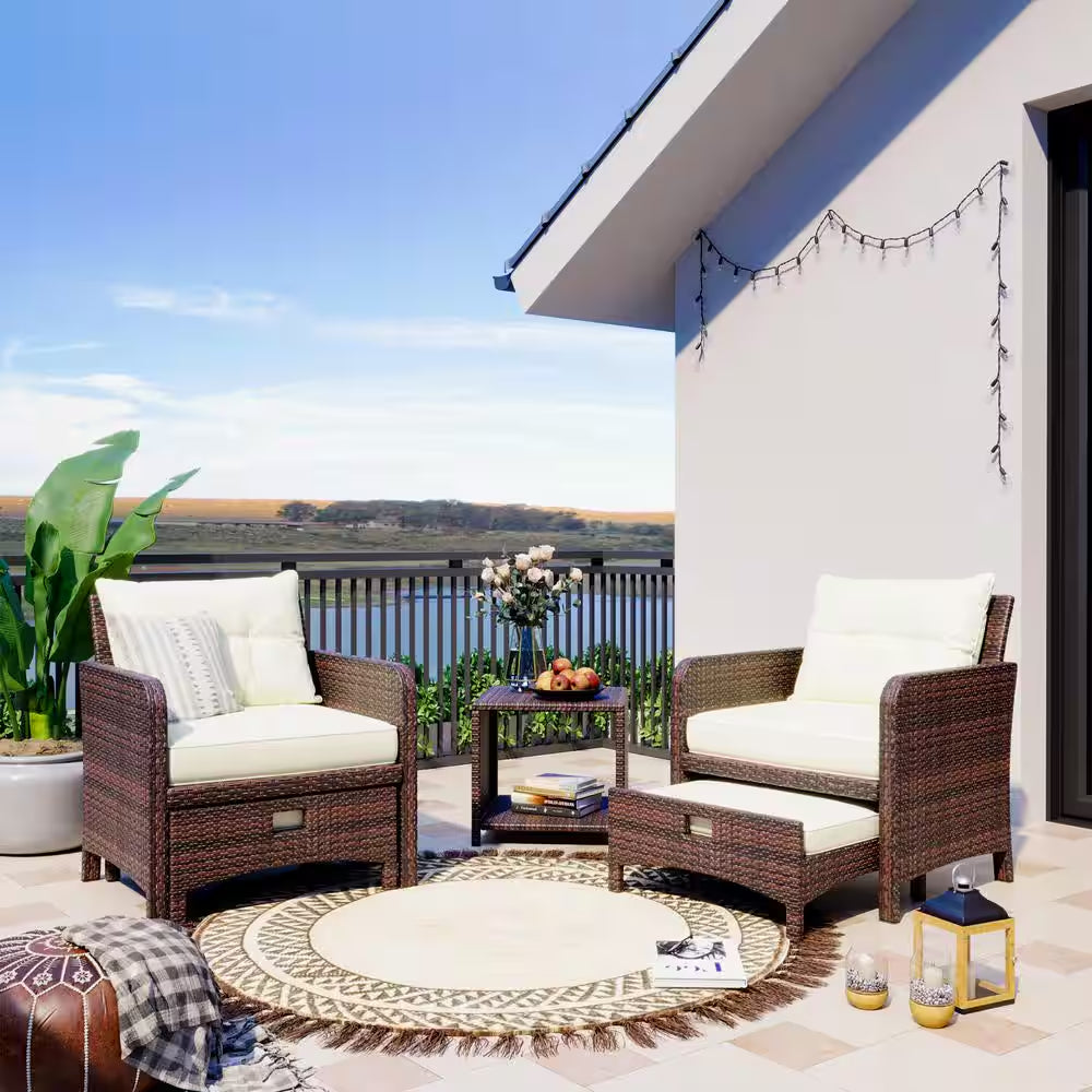 5-Piece Wicker Patio Furniture Set Outdoor Patio Chairs with Ottomans Beige