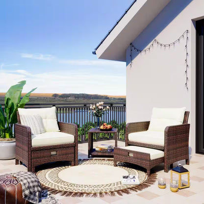 5-Piece Wicker Patio Furniture Set Outdoor Patio Chairs with Ottomans Beige