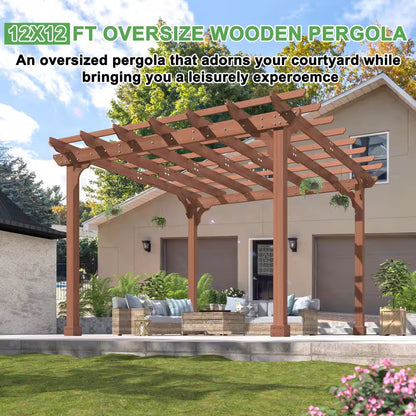 12 Ft. W X 12 Ft. D Cedar Wood Patio Pergola Shade Structure for Outdoor, Brown
