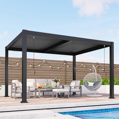 10' X 12' Louvered Pergola, Aluminum Frame Outdoor Pergola with Adjustable Louvered Roof & Integrated Gutter System, Hardtop Patio Gazebo for Backyard, Deck, Garden, Dark Gray