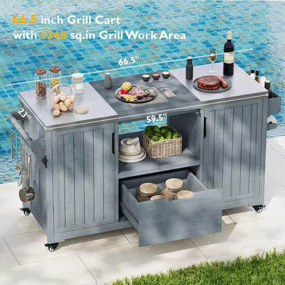 Outdoor 227 Gal. 66.5 In. Gray Blue Kitchen Island for Big Green Egg Grills with Stainless Steel Top Deck Box