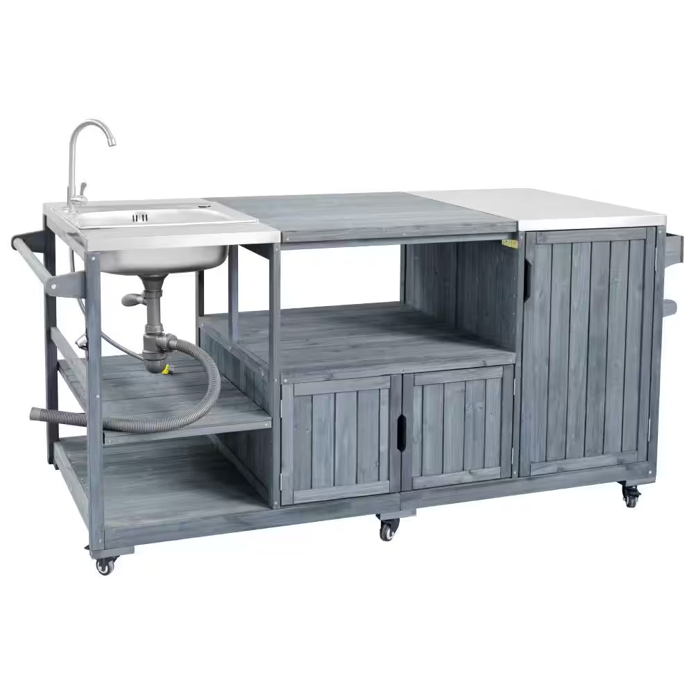 75.4" Outdoor Wood Grey Blue Kitchen Island Rolling Outdoor Bar Cart with Sink
