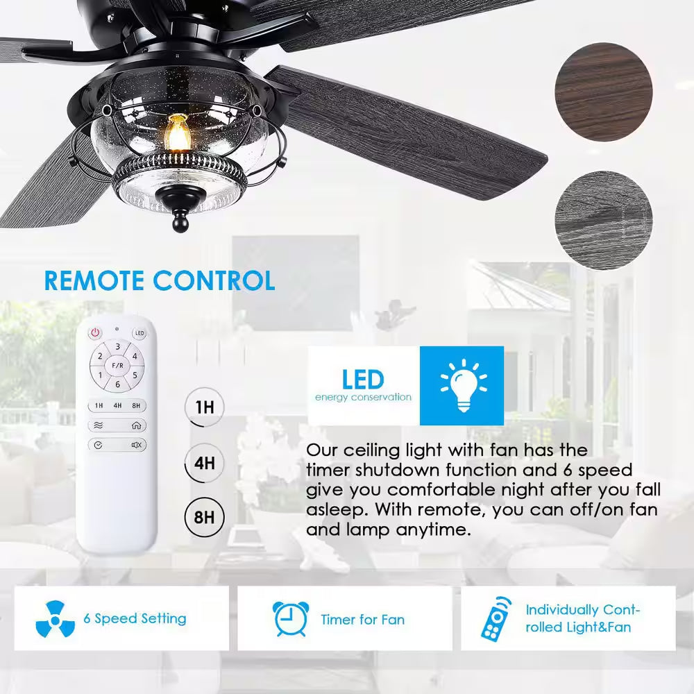 52 In. Indoor/Outdoor Black Ceiling Fans with Light and Remote-Wet Rated for Patios Gazebos