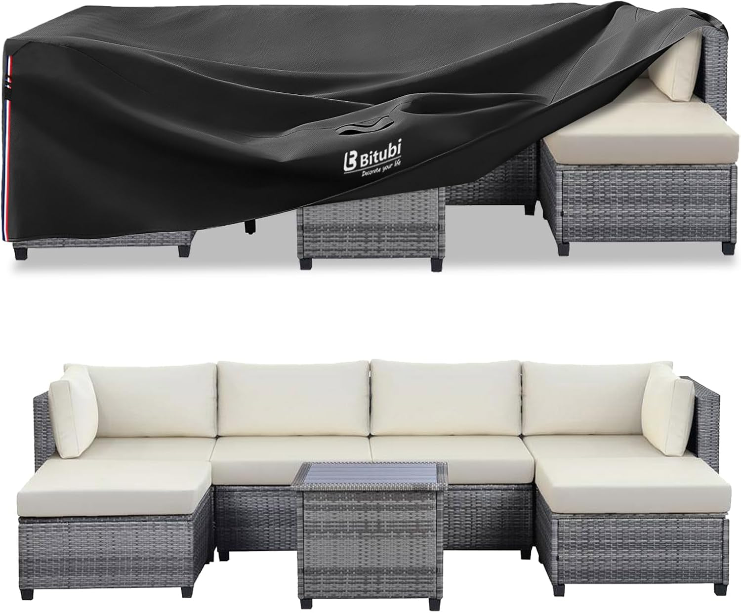 Bitubi Rectangular Patio Table Cover - Heavy Duty 600D Tough Canvas Waterproof Outdoor Dining Table and Chairs Universal Furniture Cover Size 111L X 74W X 28H Inch, Black