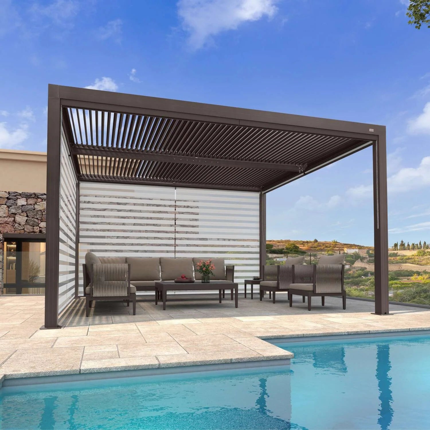 Bronze Louvered Pergola with Adjustable Roof for Deck Backyard Garden Hardtop Gazebo
