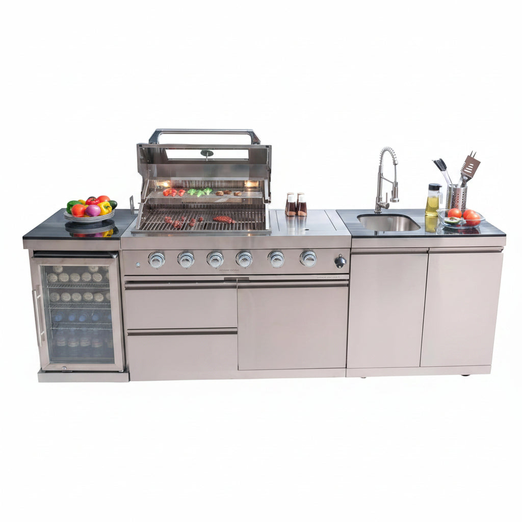 Modular Outdoor Kitchen BBQ Island, 104" Outdoor Kitchen Propane Gas Island Grill with Sink, Compact Refrigerator, Storage Cabinets, Rotisserie Kit (Silver, 104")
