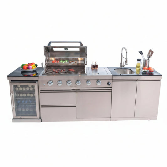 Modular Outdoor Kitchen BBQ Island, 104" Outdoor Kitchen Propane Gas Island Grill with Sink, Compact Refrigerator, Storage Cabinets, Rotisserie Kit (Silver, 104")