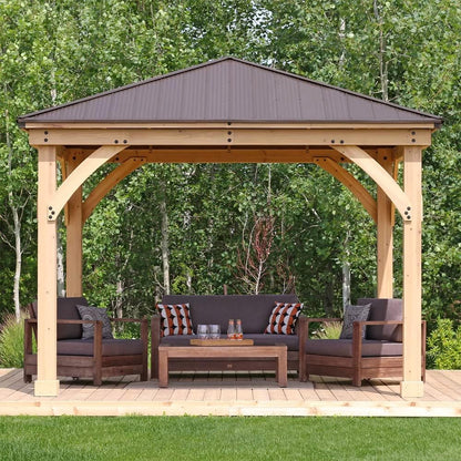 Yardistry 10 X 12 Meridian Cedar Wood Gazebo Pavilion for Patios, Decks, Garden, Backyard, Durable, Aluminum Roof