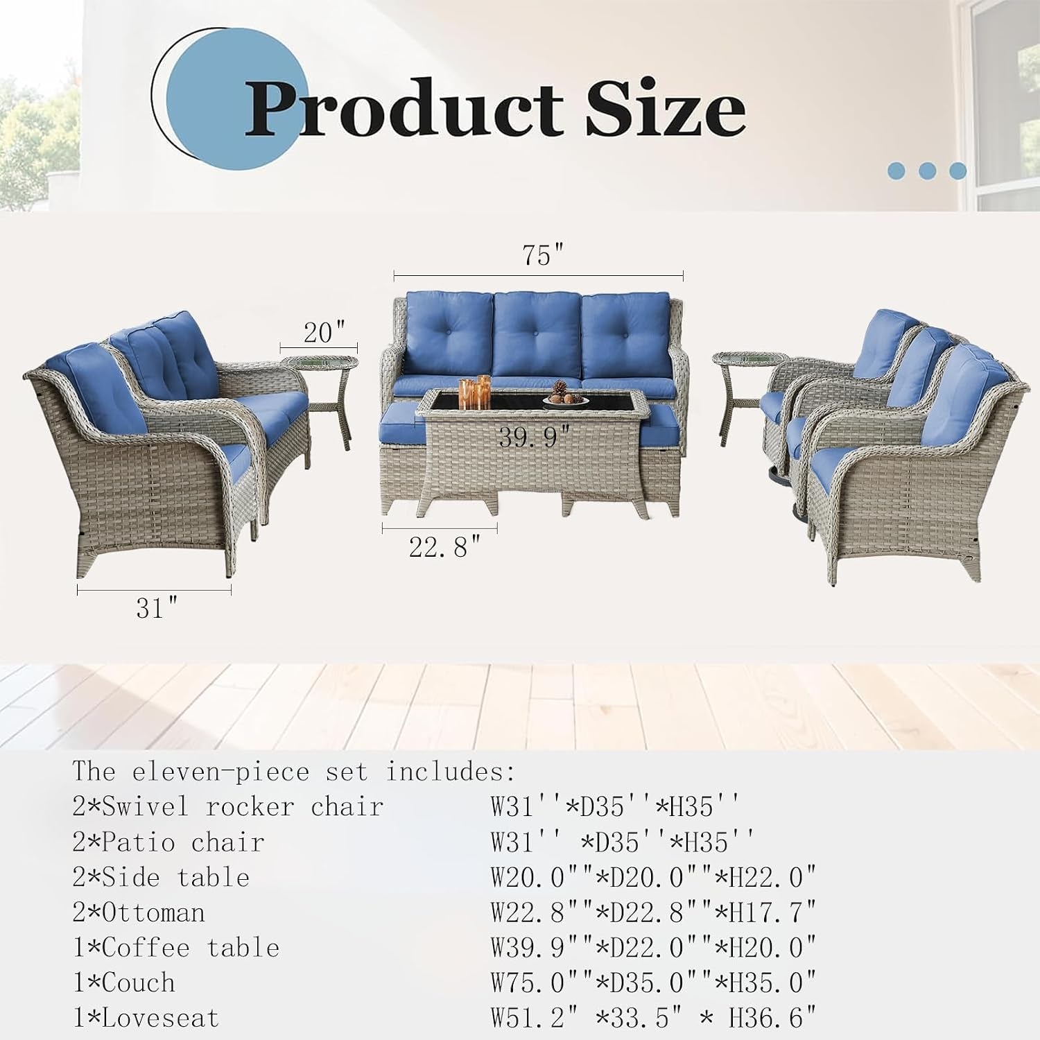 Outdoor Furniture：11 PCS Patio Furniture Set, Outdoor Furniture Set with Swivel Patio Chairs, Light Beige/Blue