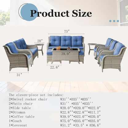 Outdoor Furniture：11 PCS Patio Furniture Set, Outdoor Furniture Set with Swivel Patio Chairs, Light Beige/Blue