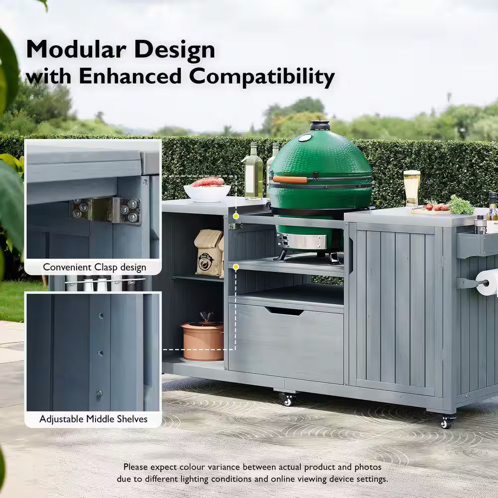 Outdoor 227 Gal. 66.5 In. Gray Blue Kitchen Island for Big Green Egg Grills with Stainless Steel Top Deck Box