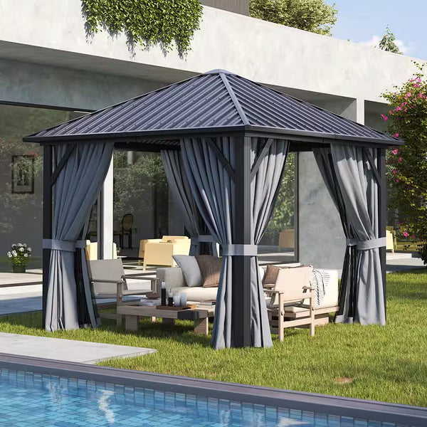 10 Ft. X 10 Ft. Outdoor Galvanized Steel Roof Gazebo, Aluminum Frame Pergolas with Ceiling Hook, Curtains and Netting