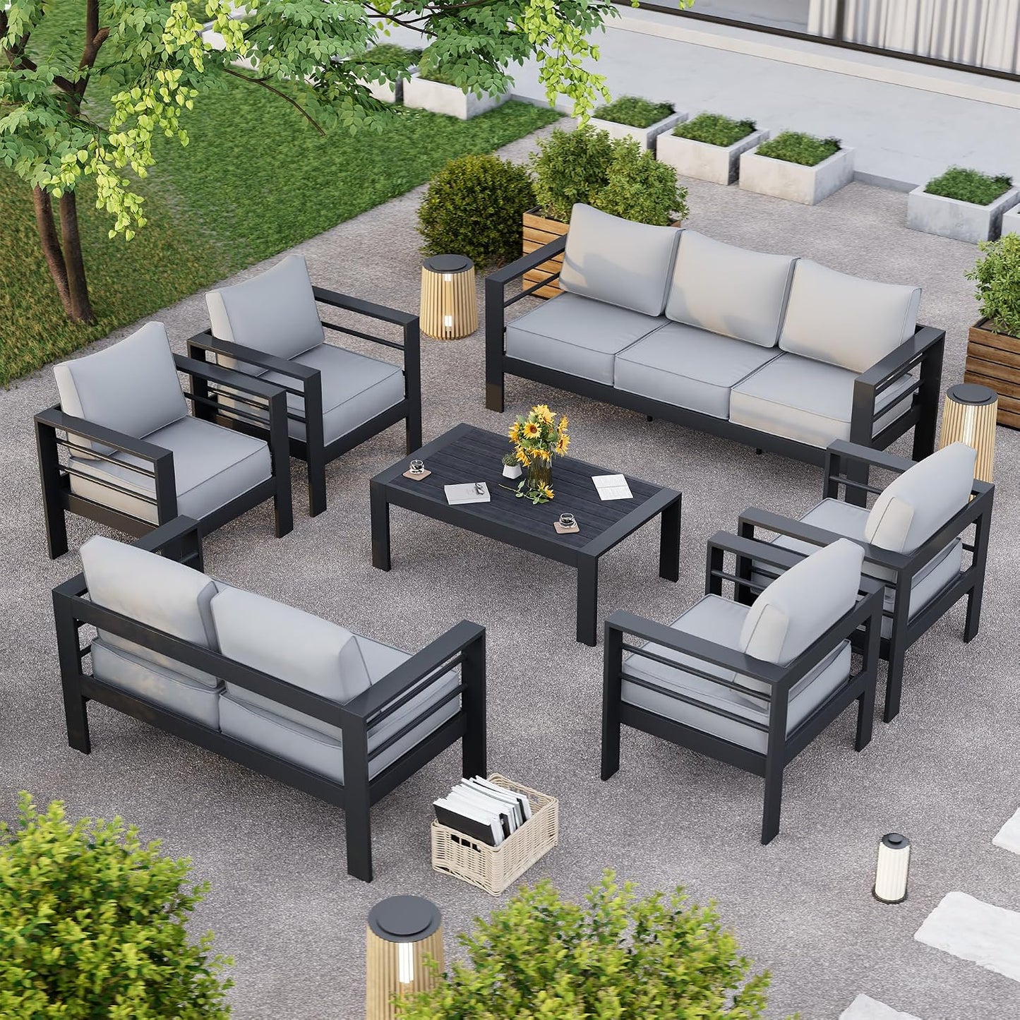 Aluminum Patio Furniture Set, 10 Piece Metal Outdoor Furniture Set, Patio Set with Waterproof Covers for Backyard Garden（Dark Grey&Light Grey）