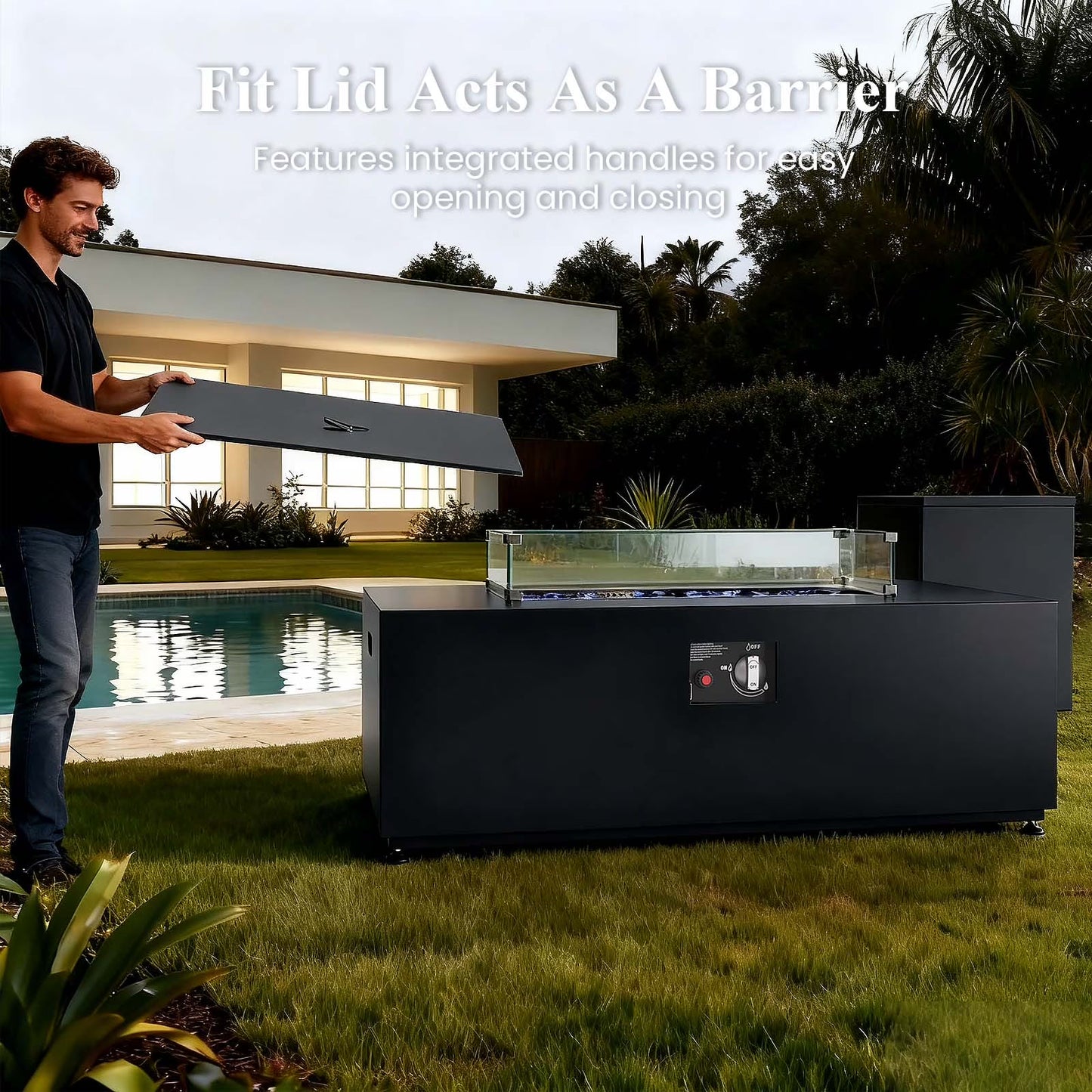42 Inch Outdoor Fire Pit Table for outside Patio, 55000BTU Rectangle Propane Firepit with Hidden Fuel Tank, Glass Wind Guard, Waterproof Cover and Lid