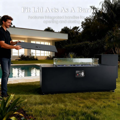 42 Inch Outdoor Fire Pit Table for outside Patio, 55000BTU Rectangle Propane Firepit with Hidden Fuel Tank, Glass Wind Guard, Waterproof Cover and Lid