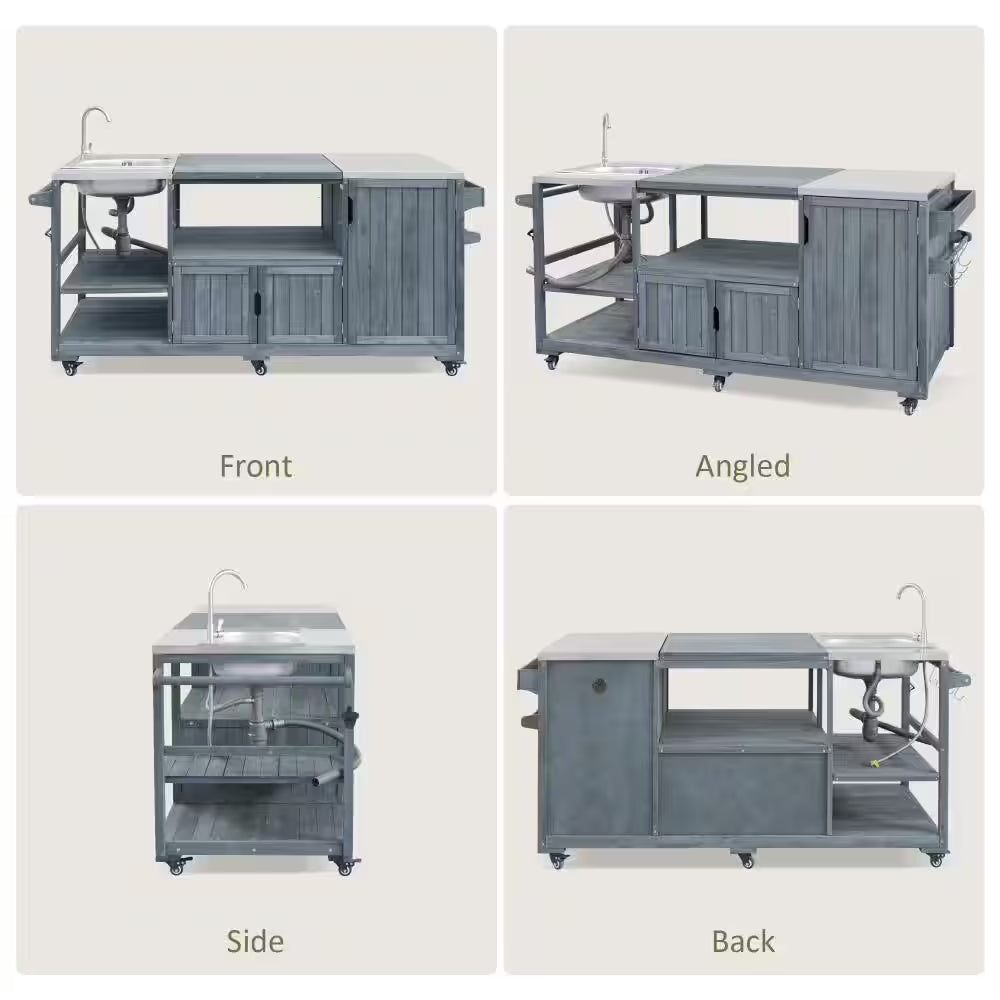 75.4" Outdoor Wood Grey Blue Kitchen Island Rolling Outdoor Bar Cart with Sink