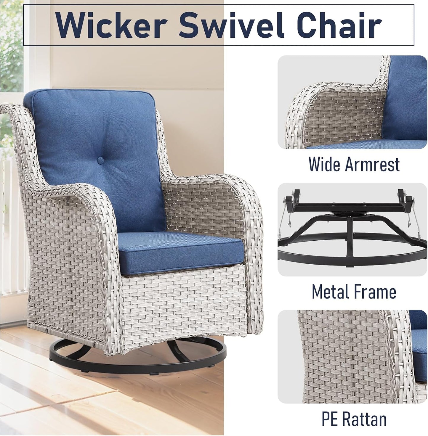 Outdoor Furniture：11 PCS Patio Furniture Set, Outdoor Furniture Set with Swivel Patio Chairs, Light Beige/Blue
