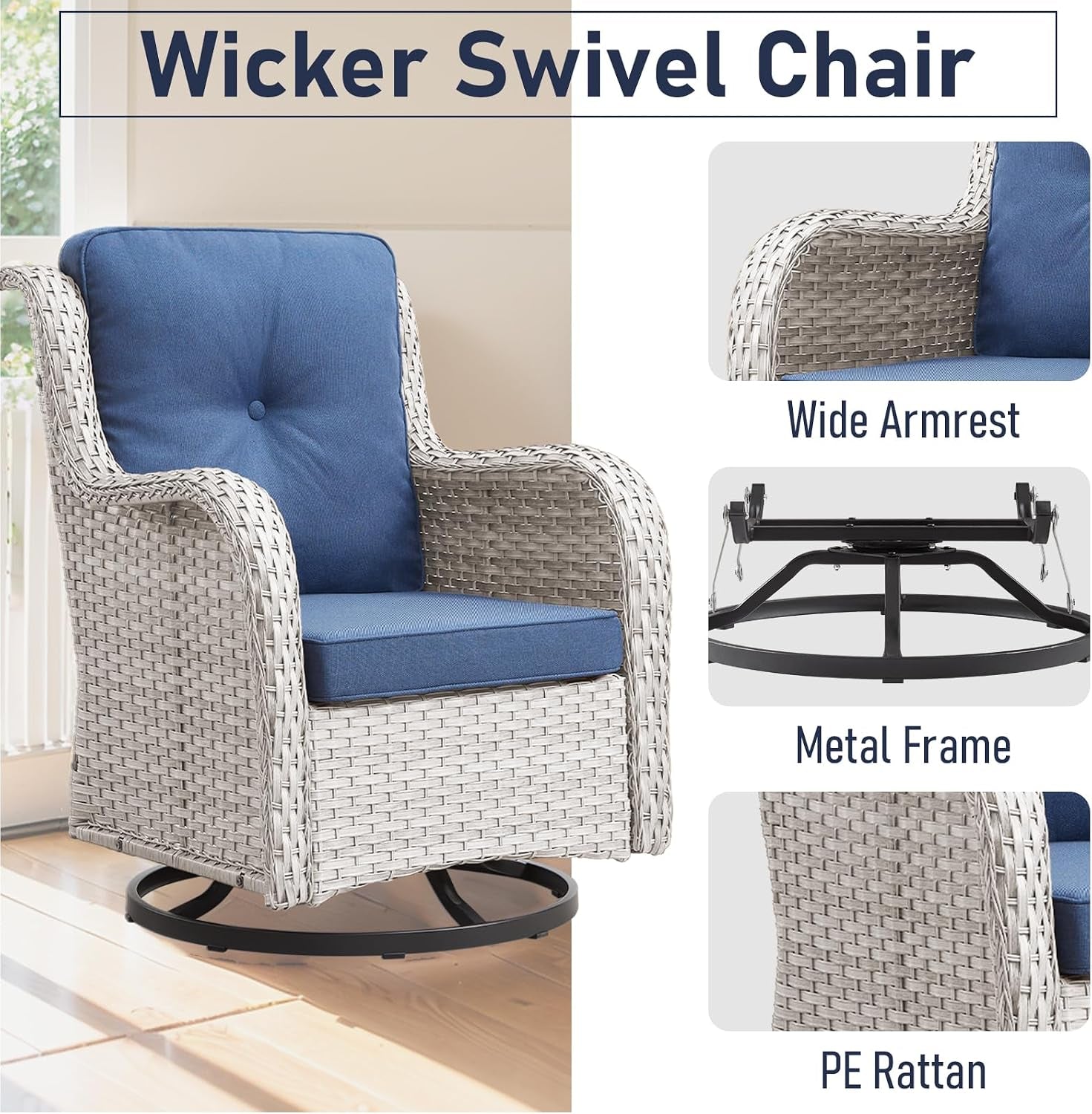 Outdoor Furniture：11 PCS Patio Furniture Set, Outdoor Furniture Set with Swivel Patio Chairs, Light Beige/Blue