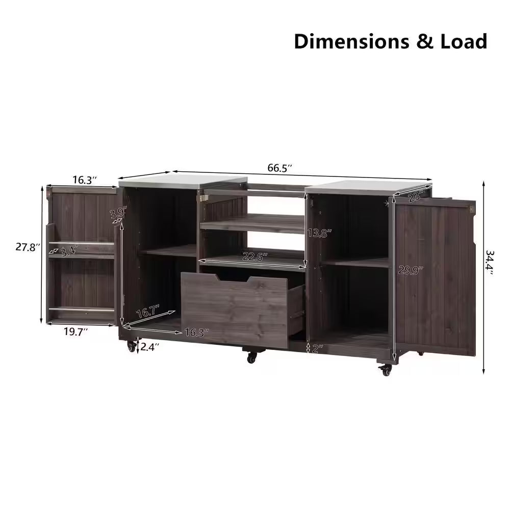 66.5 In. Dark Brown Wood Outdoor Grill Cart with Stainless Steel Top and Drawer