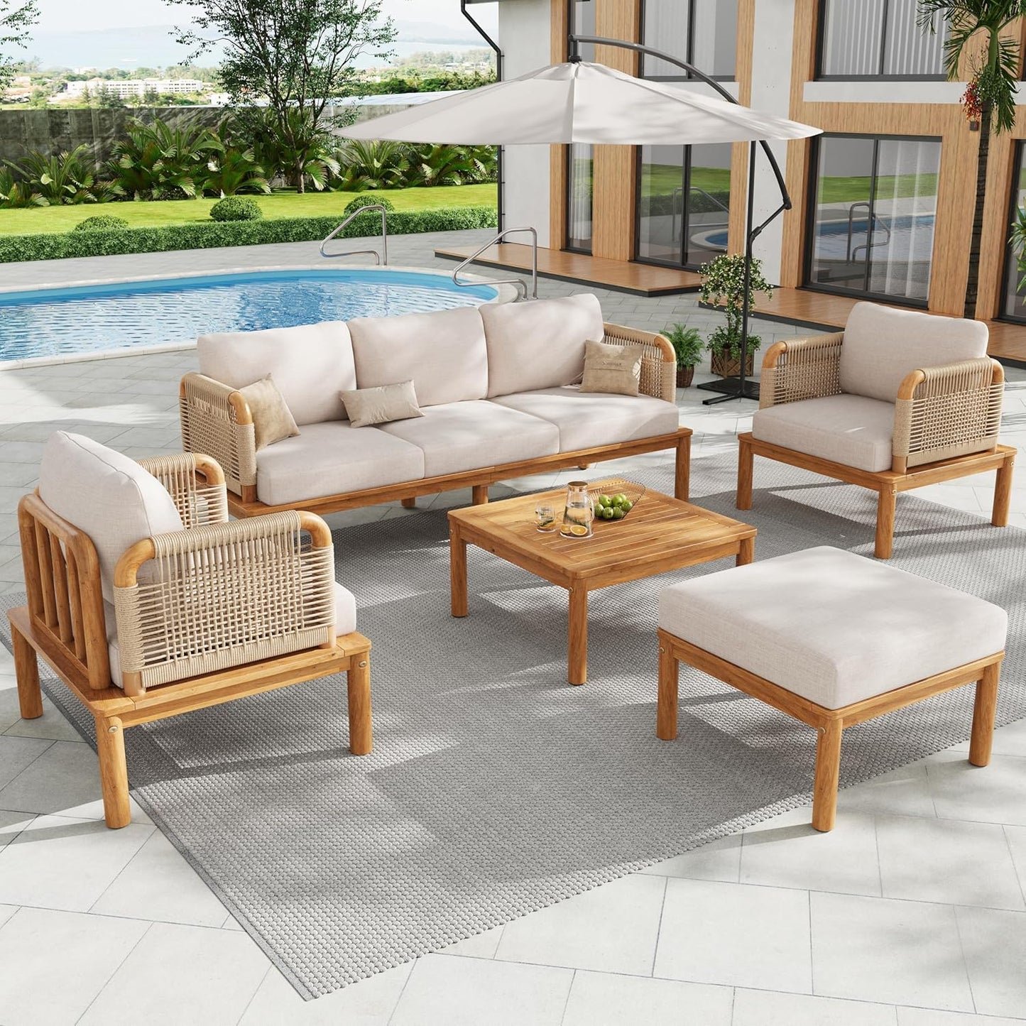 Coby 5-Piece Acacia Wood Patio Furniture Set, Outdoor Conversation Sofa Set with Club Chair, Coffee Table and Ottoman, Patio Sectional Chat Set for Backyard/Balcony, Teak+Beige