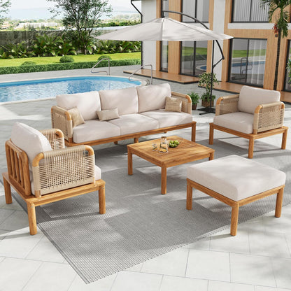 Coby 5-Piece Acacia Wood Patio Furniture Set, Outdoor Conversation Sofa Set with Club Chair, Coffee Table and Ottoman, Patio Sectional Chat Set for Backyard/Balcony, Teak+Beige