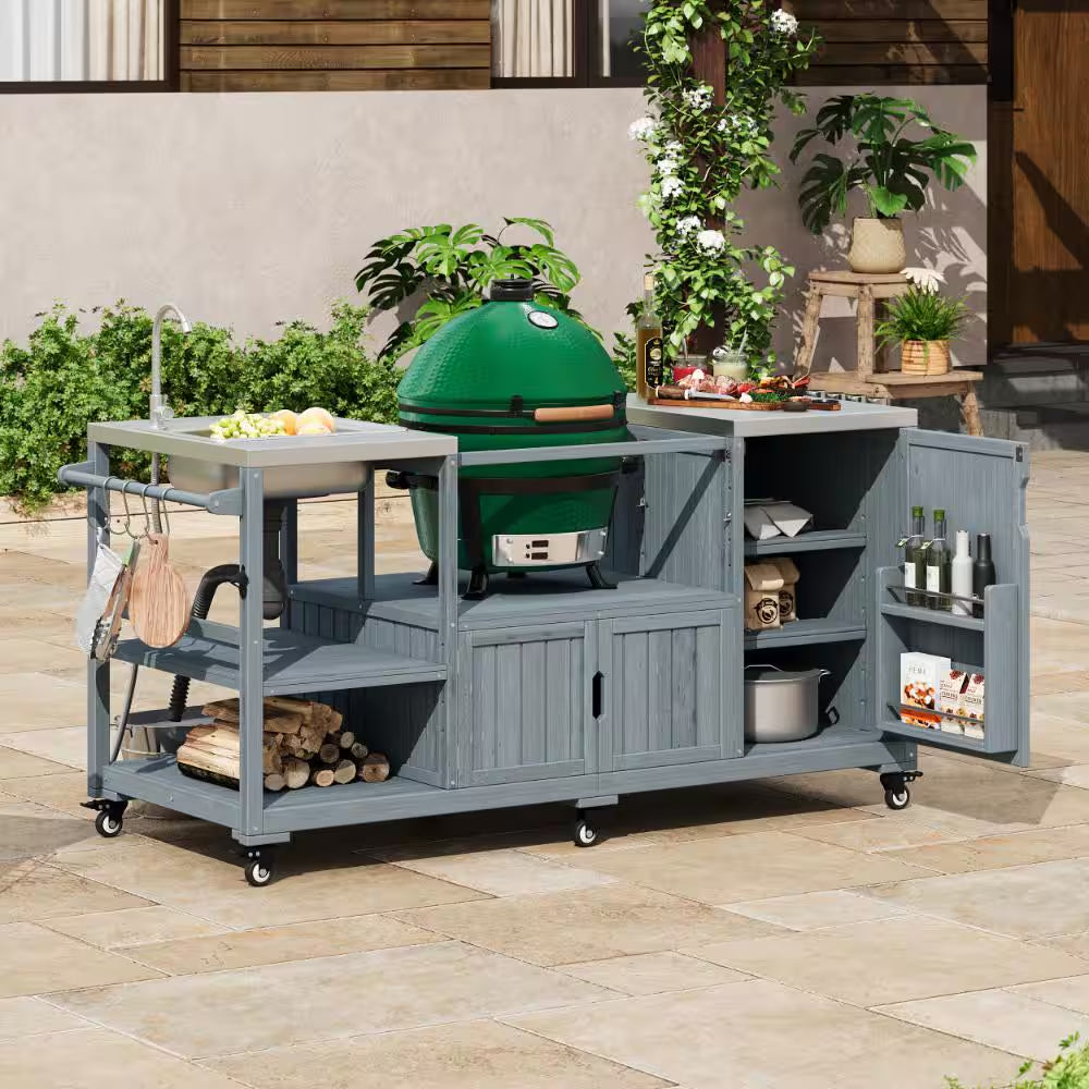 75.4" Outdoor Wood Grey Blue Kitchen Island Rolling Outdoor Bar Cart with Sink