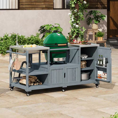75.4" Outdoor Wood Grey Blue Kitchen Island Rolling Outdoor Bar Cart with Sink
