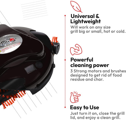 Automatic Grill Cleaning Robot with Nylon Brushes, Electric BBQ Cleaner Brush with Motorized Power, Cordless Rechargeable Grill Scrubber for Outdoor Grills (Black and Case)