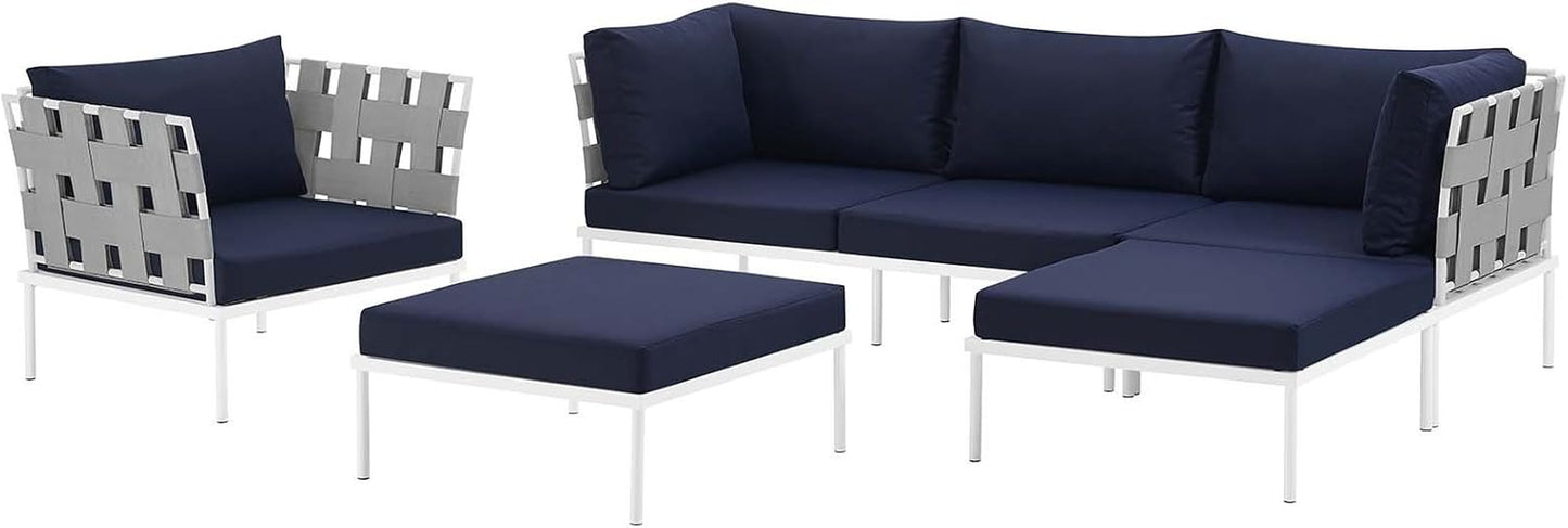 Harmony Aluminum Outdoor Patio Furniture 6-Piece Sectional Sofa Set in White Navy