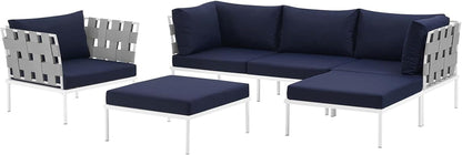 Harmony Aluminum Outdoor Patio Furniture 6-Piece Sectional Sofa Set in White Navy