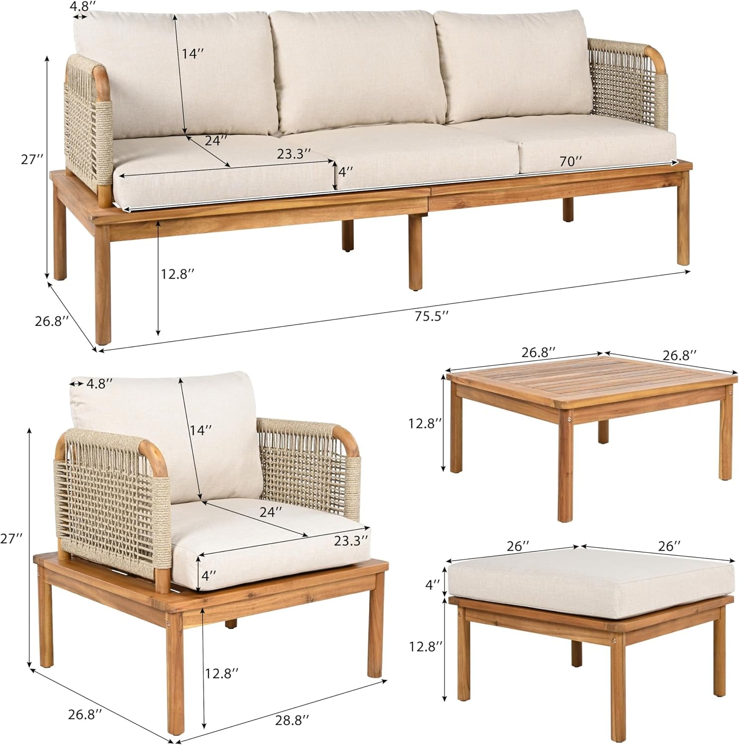 Coby 5-Piece Acacia Wood Patio Furniture Set, Outdoor Conversation Sofa Set with Club Chair, Coffee Table and Ottoman, Patio Sectional Chat Set for Backyard/Balcony, Teak+Beige