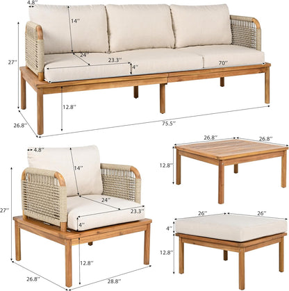 Coby 5-Piece Acacia Wood Patio Furniture Set, Outdoor Conversation Sofa Set with Club Chair, Coffee Table and Ottoman, Patio Sectional Chat Set for Backyard/Balcony, Teak+Beige