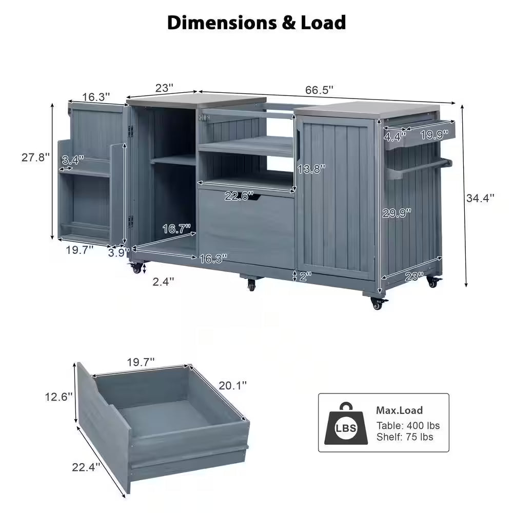 Outdoor 227 Gal. 66.5 In. Gray Blue Kitchen Island for Big Green Egg Grills with Stainless Steel Top Deck Box