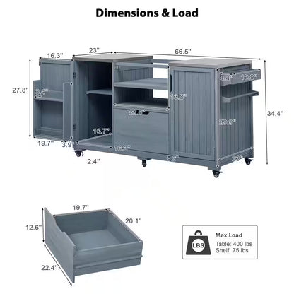 Outdoor 227 Gal. 66.5 In. Gray Blue Kitchen Island for Big Green Egg Grills with Stainless Steel Top Deck Box