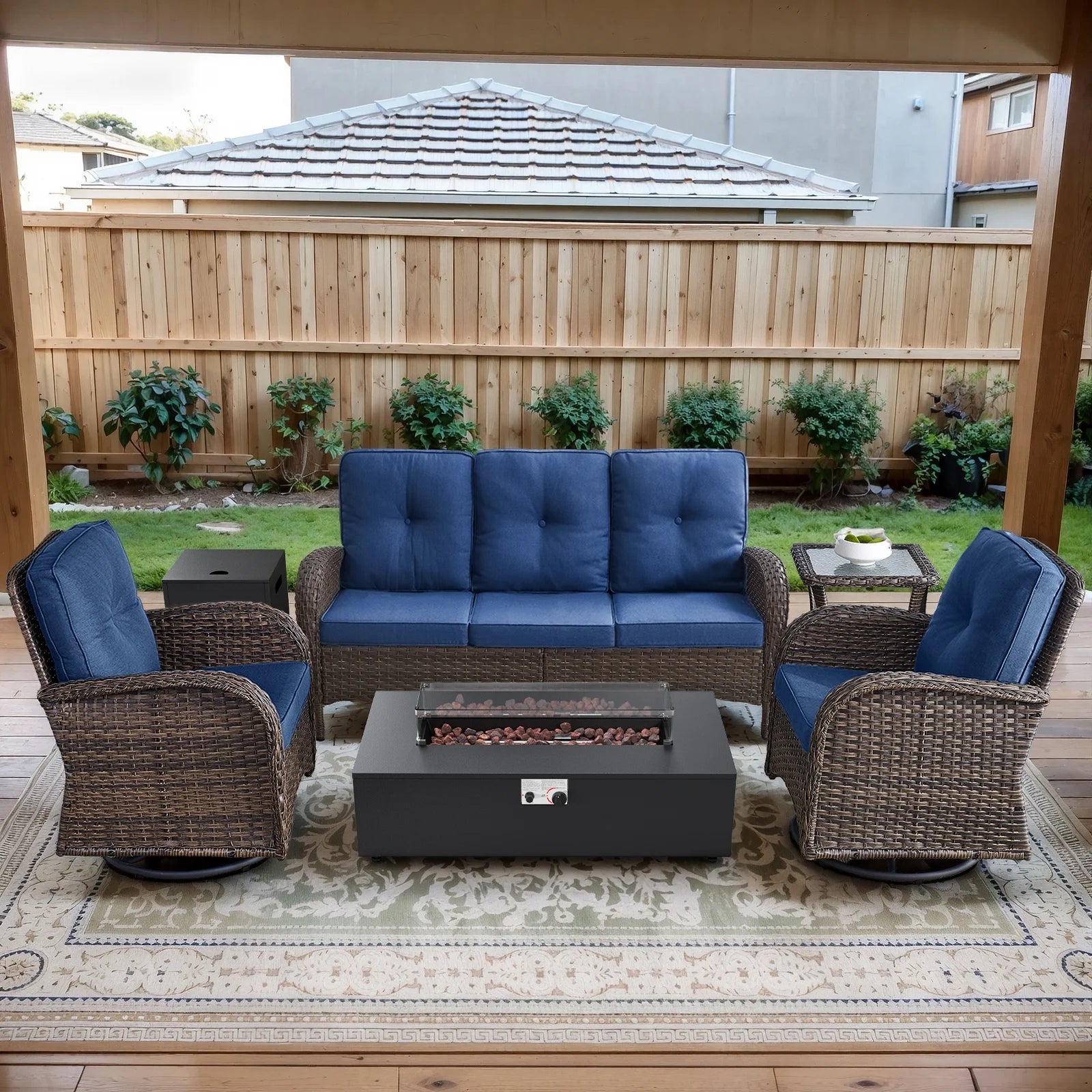 5PCS Outdoor Patio Furniture Set with Fire Pit Table, Brown Wicker Patio Furniture Couch Outdoor Swivel Chair and 43" Propane Firepit Table