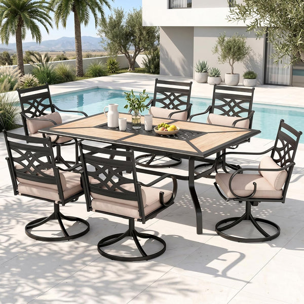 Patio Dining Set, for 6, Swivel Chairs | E-Coated and Steel, Rectangle Table, Beige Cushion, 1.57" Umbrella Hole