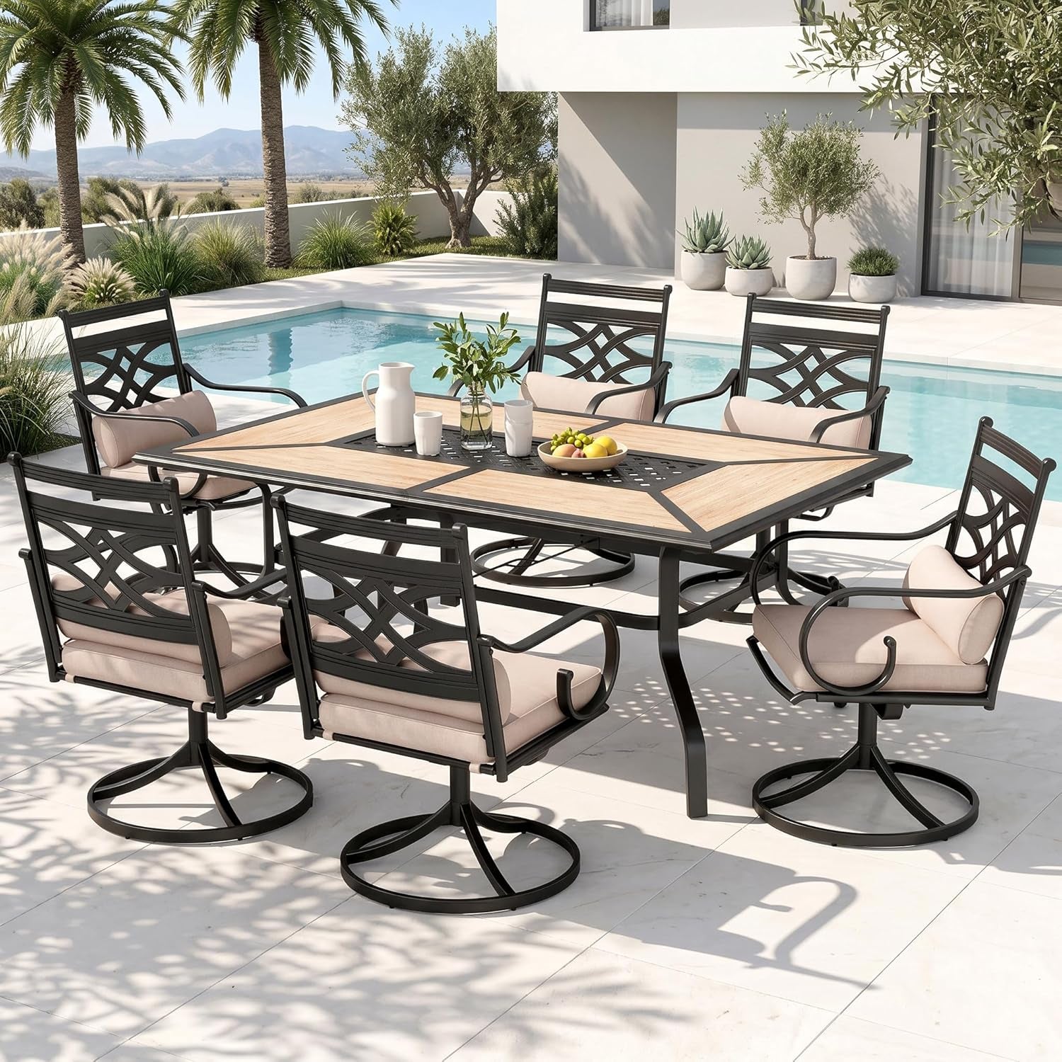 Patio Dining Set, for 6, Swivel Chairs | E-Coated and Steel, Rectangle Table, Beige Cushion, 1.57" Umbrella Hole