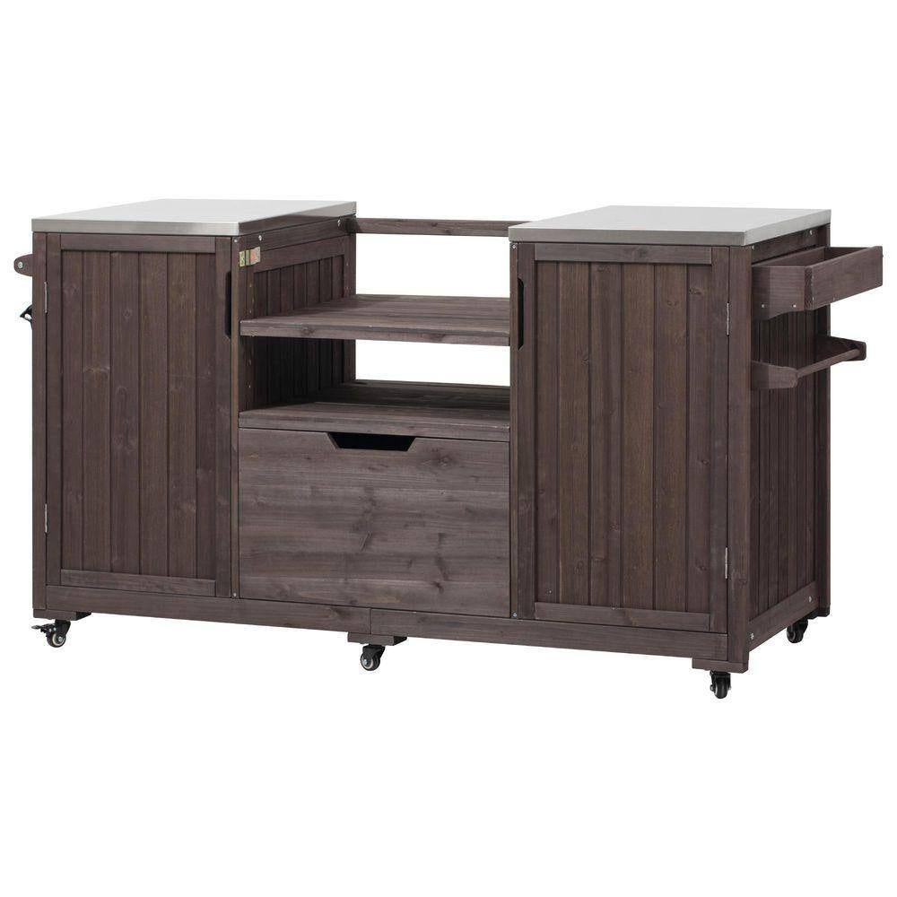66.5 In. Dark Brown Wood Outdoor Grill Cart with Stainless Steel Top and Drawer