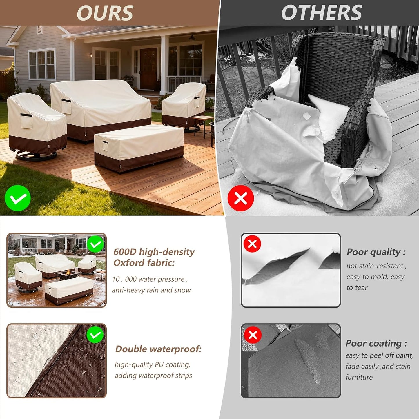 Patio Furniture Covers Set 4 Piece,600D Heavy Duty Outdoor Furniture Covers Waterproof for Outdoor Couch,Lawn Chair, Coffee Table(Medium,Beige)