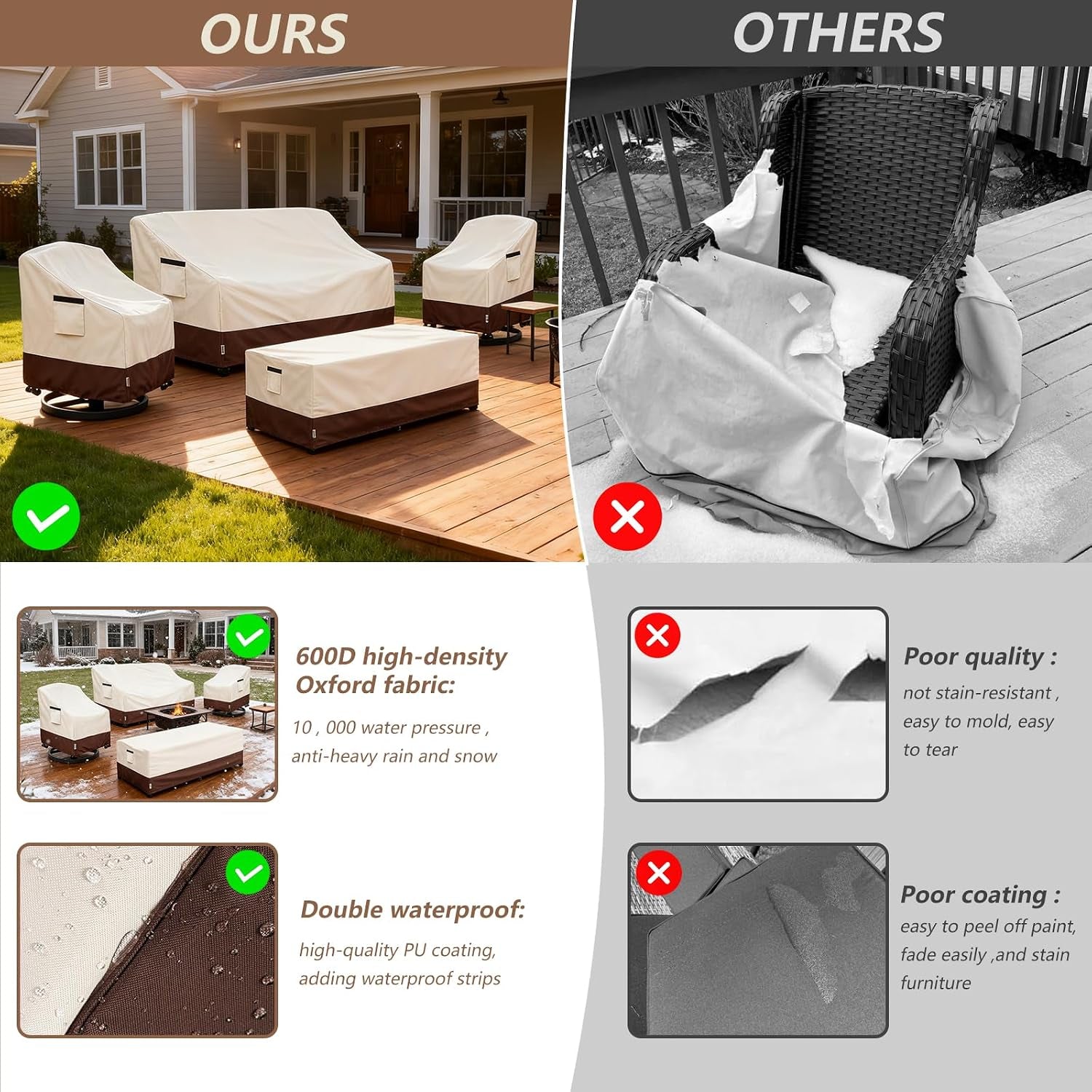 Patio Furniture Covers Set 4 Piece,600D Heavy Duty Outdoor Furniture Covers Waterproof for Outdoor Couch,Lawn Chair, Coffee Table(Medium,Beige)