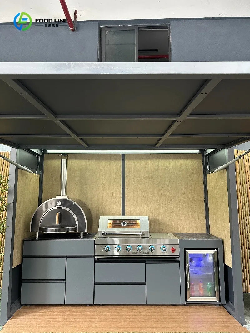 Premium Weatherproof Outdoor Kitchen Set Stainless Steel Grills Sink and Fridge Cabinets & Custom Aluminum Pavilion