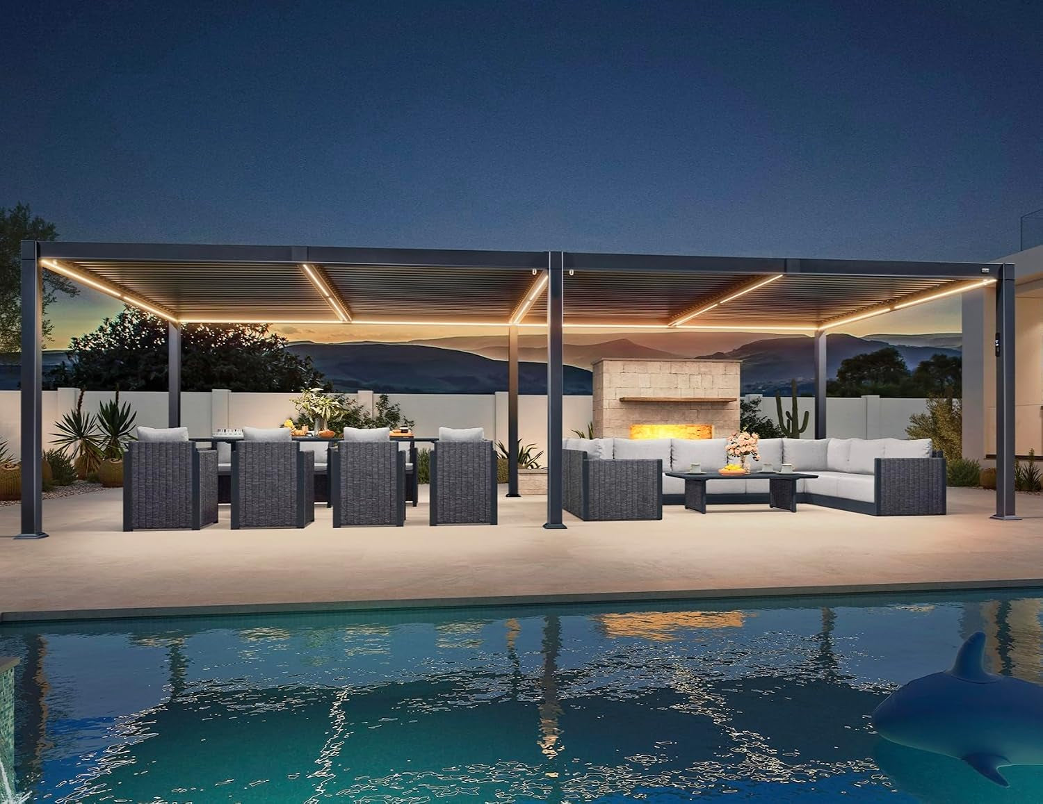 Louvered Pergola 92KS 11.5' X 27.5' with LED Strip Lights Huge Aluminum plus Outdoor Pergola with Adjustable Louvered Roof for Patio Deck Garden Yard Gray