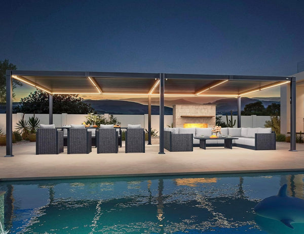Louvered Pergola 92KS 11.5' X 27.5' with LED Strip Lights Huge Aluminum plus Outdoor Pergola with Adjustable Louvered Roof for Patio Deck Garden Yard Gray