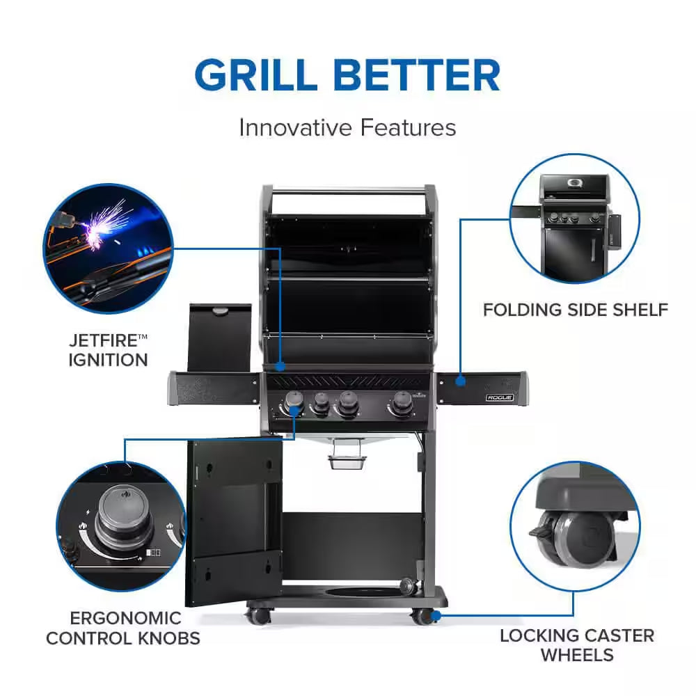 Rogue 425 3-Burner Propane Gas Grill in Black with Cast Iron Cooking Grids and Range Side Burner