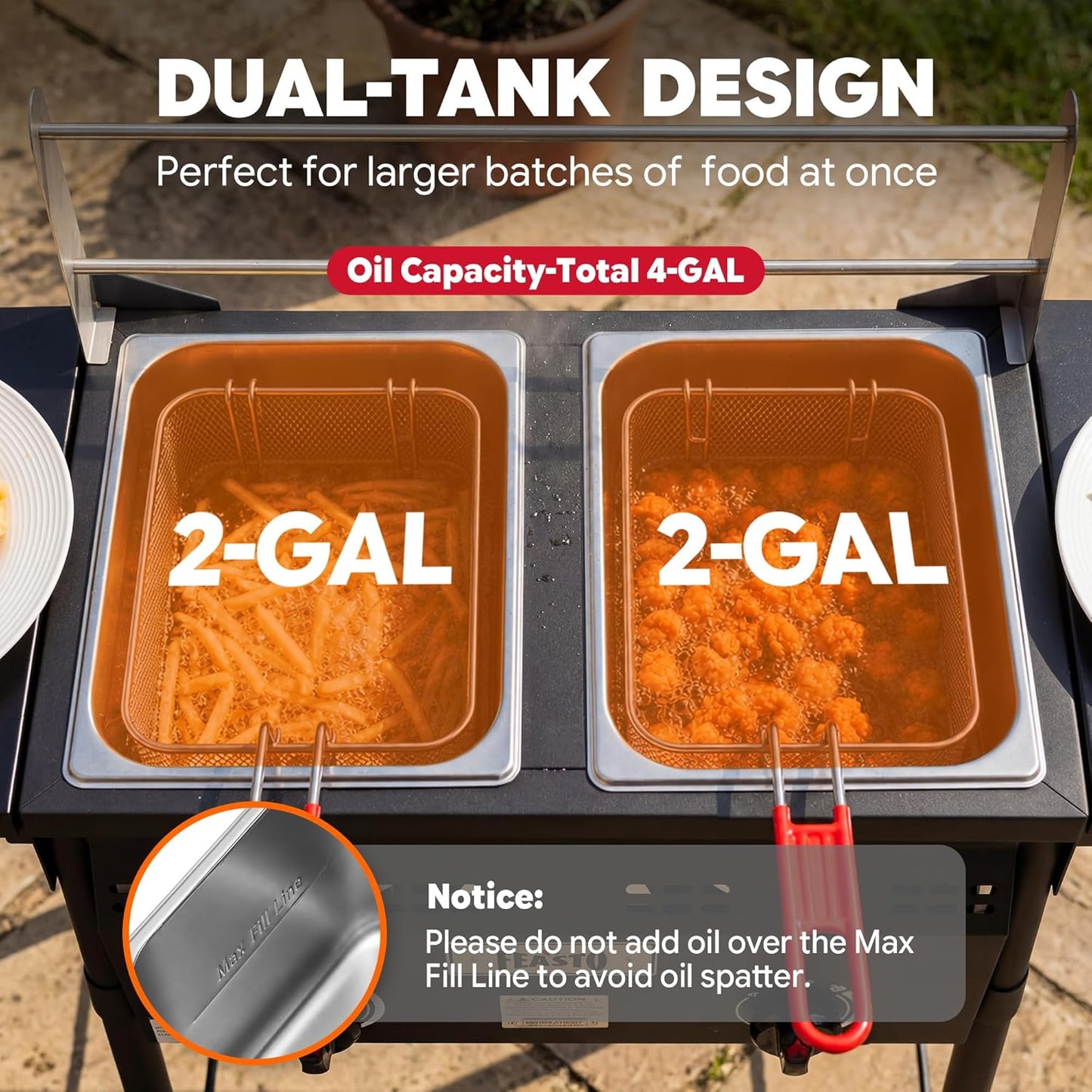 Outdoor Propane Deep Fryer with Rolling Cart, Dual Tank Fish Fryer | 2 Independent Burners, 100,000 BTU, 4-Gal Oil Capacity, Frying Station with Baskets for Fish, Fries & Chicken