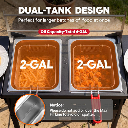 Outdoor Propane Deep Fryer with Rolling Cart, Dual Tank Fish Fryer | 2 Independent Burners, 100,000 BTU, 4-Gal Oil Capacity, Frying Station with Baskets for Fish, Fries & Chicken