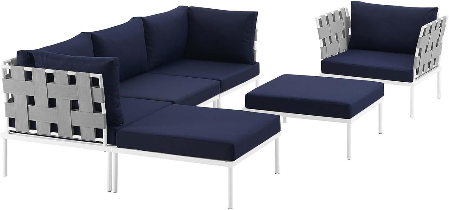 Harmony Aluminum Outdoor Patio Furniture 6-Piece Sectional Sofa Set in White Navy