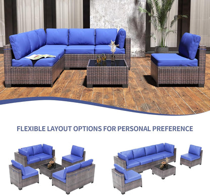 7 Pieces Outdoor Patio Furniture Sets, Rattan Conversation Set with Sectional Sofa, Chairs and Coffee Table, Waterproof Patio Conversation Sets (Brown & Navy Blue)