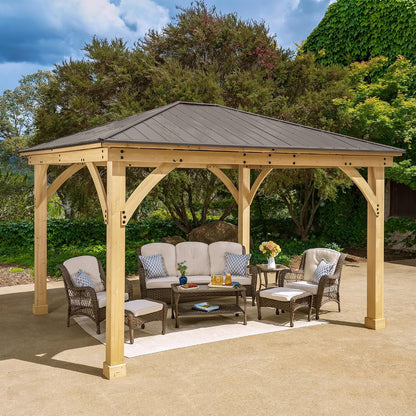 Yardistry 10 X 12 Meridian Cedar Wood Gazebo Pavilion for Patios, Decks, Garden, Backyard, Durable, Aluminum Roof